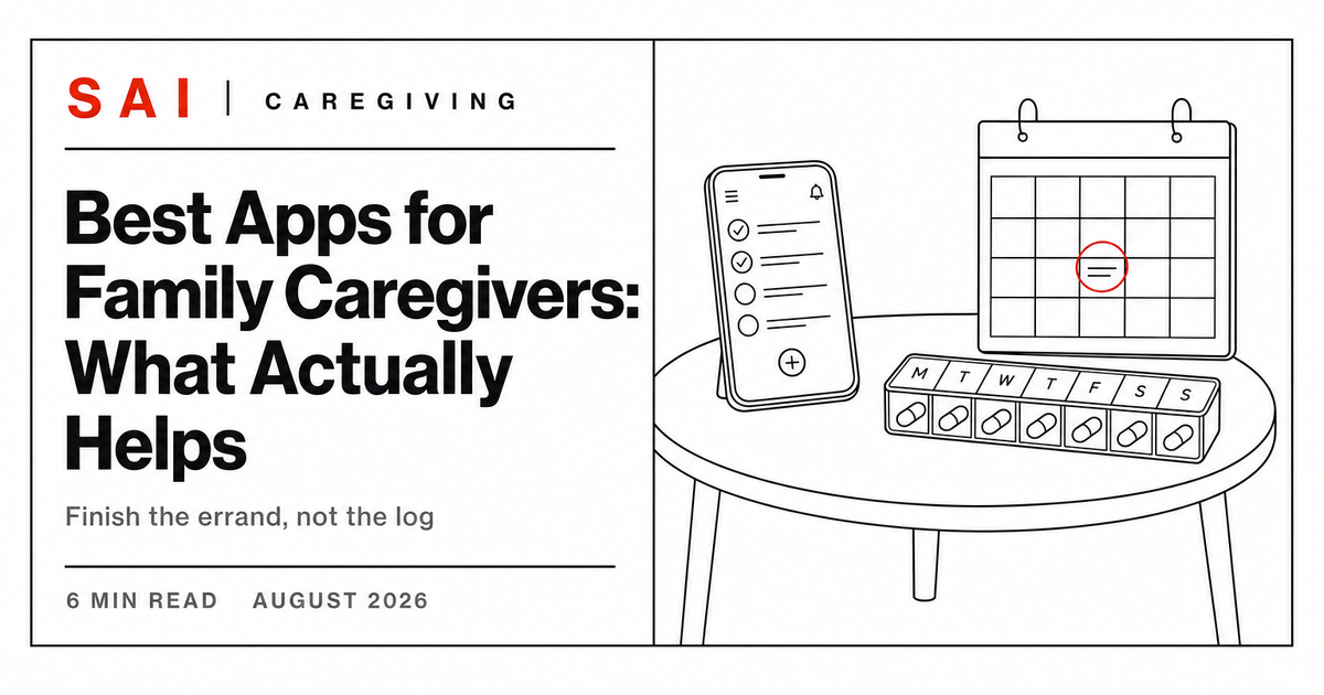 Line drawing of a smartphone, pill organizer, and calendar on a caregiver's kitchen table