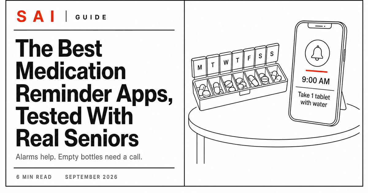 Line drawing of a pill organizer next to a smartphone with a medication reminder on the screen